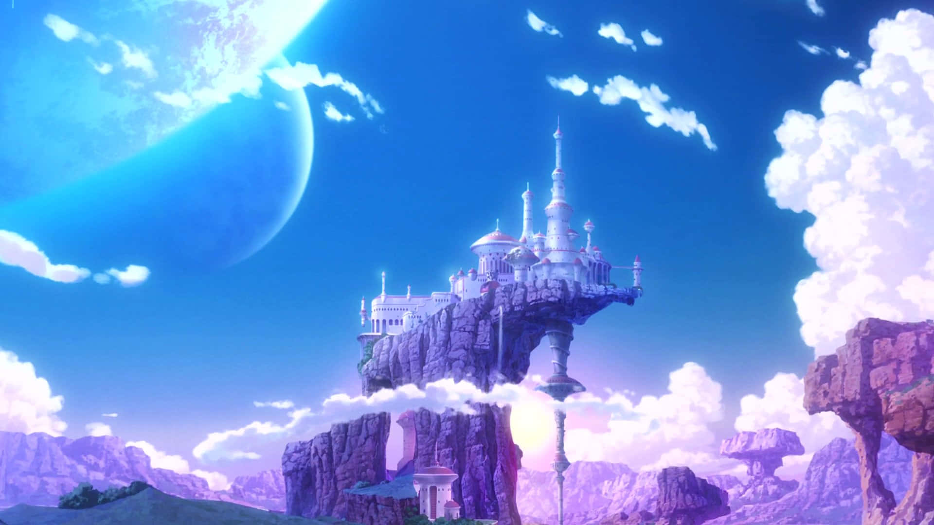 Planet Vegeta, floating castle, purple cliff, Full HD Desktop Wallpaper