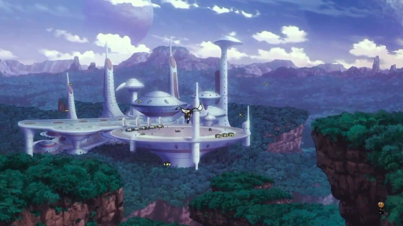 Planet Vegeta, futuristic silver space station, lush green canyon, HD Desktop Wallpaper