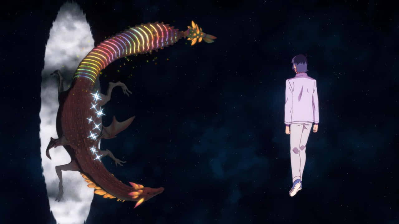 Planet Vegeta, white suit, colossal rainbow-scaled dragon, HD Desktop Wallpaper