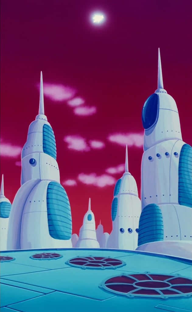 Planet Vegeta, futuristic white and blue spire buildings, vibrant magenta sky, SD Phone Wallpaper