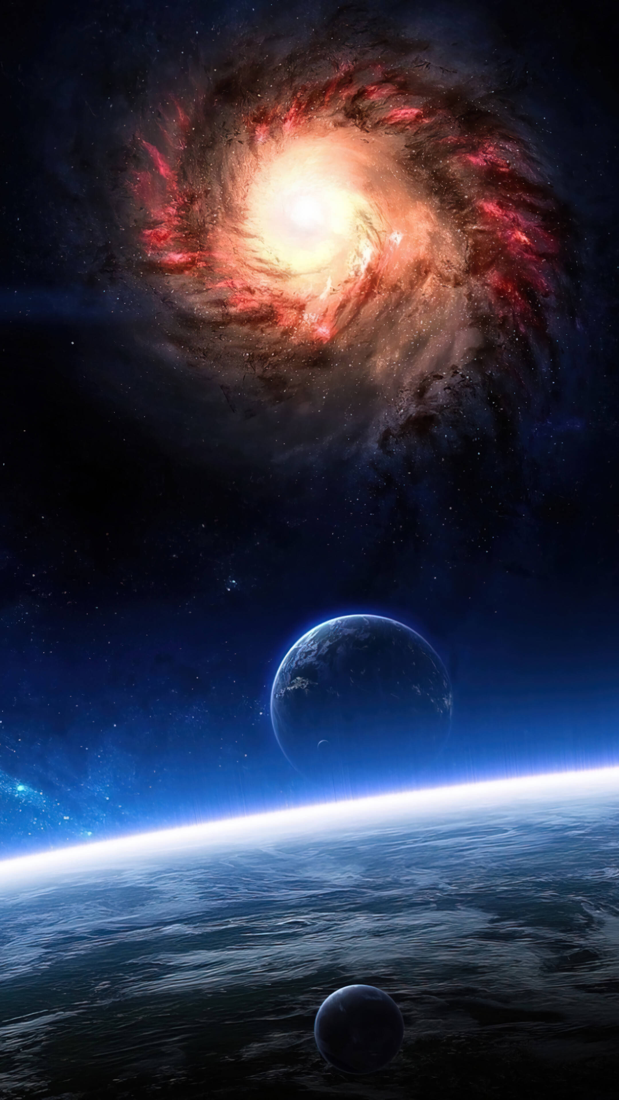 galaxy, blue planet, glowing horizon, 4K Phone Wallpaper