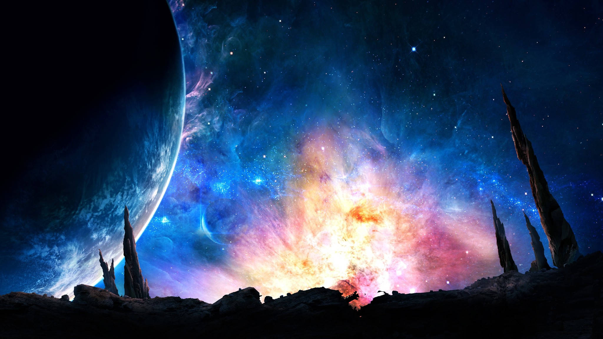 nebula, massive planet, jagged alien rock formations, Full HD Desktop Wallpaper
