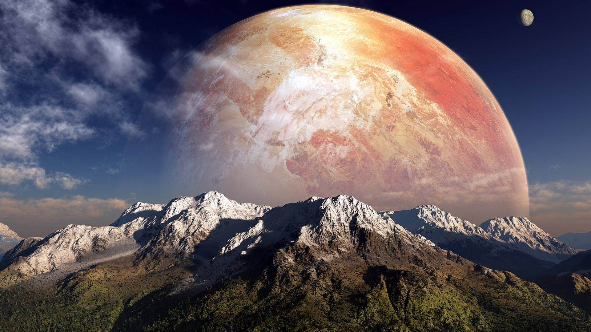 Red Planet, mountain range, orange and white planet, Full HD Desktop Wallpaper