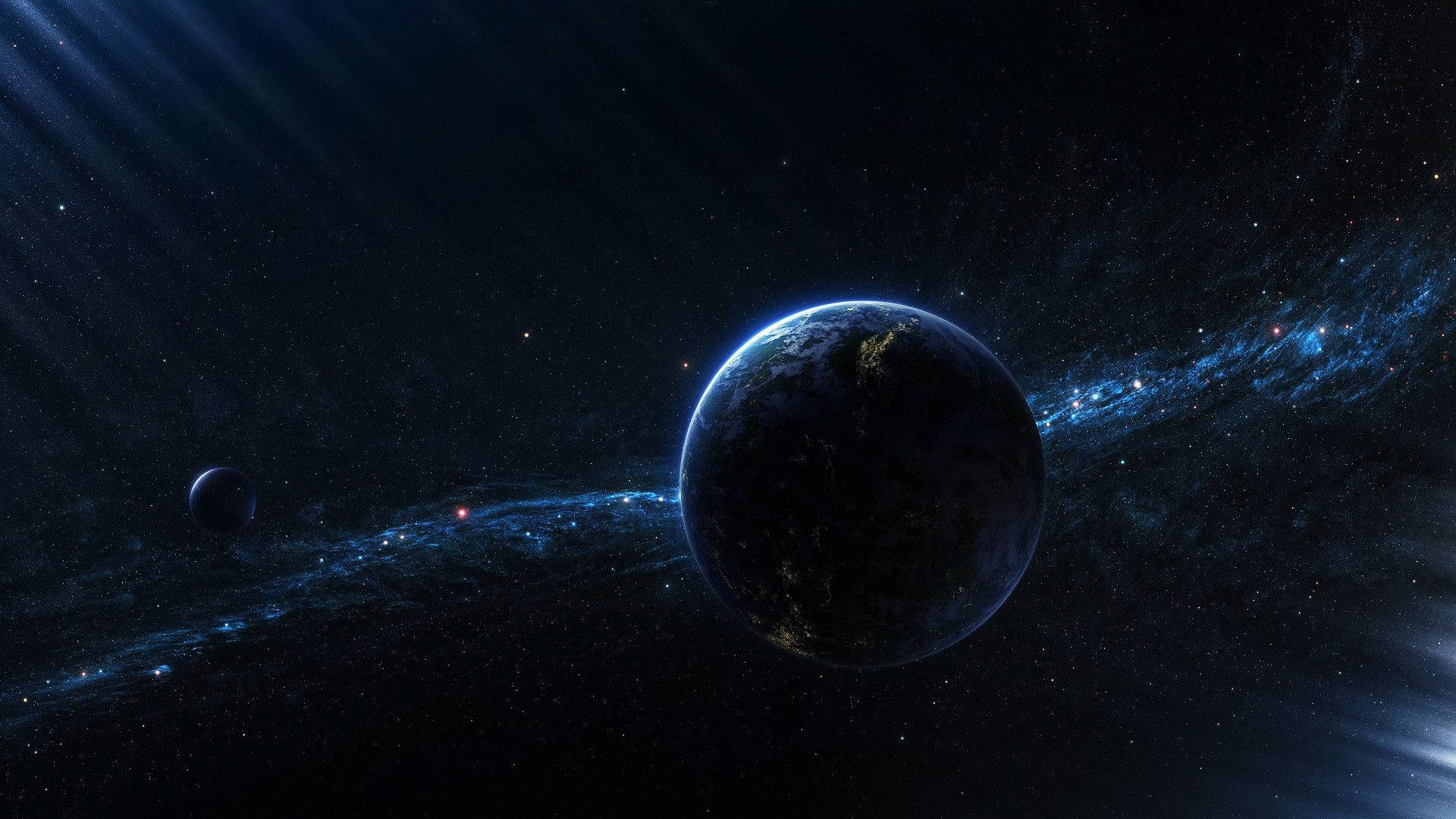 Planet Earth, glowing blue auroras, distant stars, Full HD Desktop Wallpaper