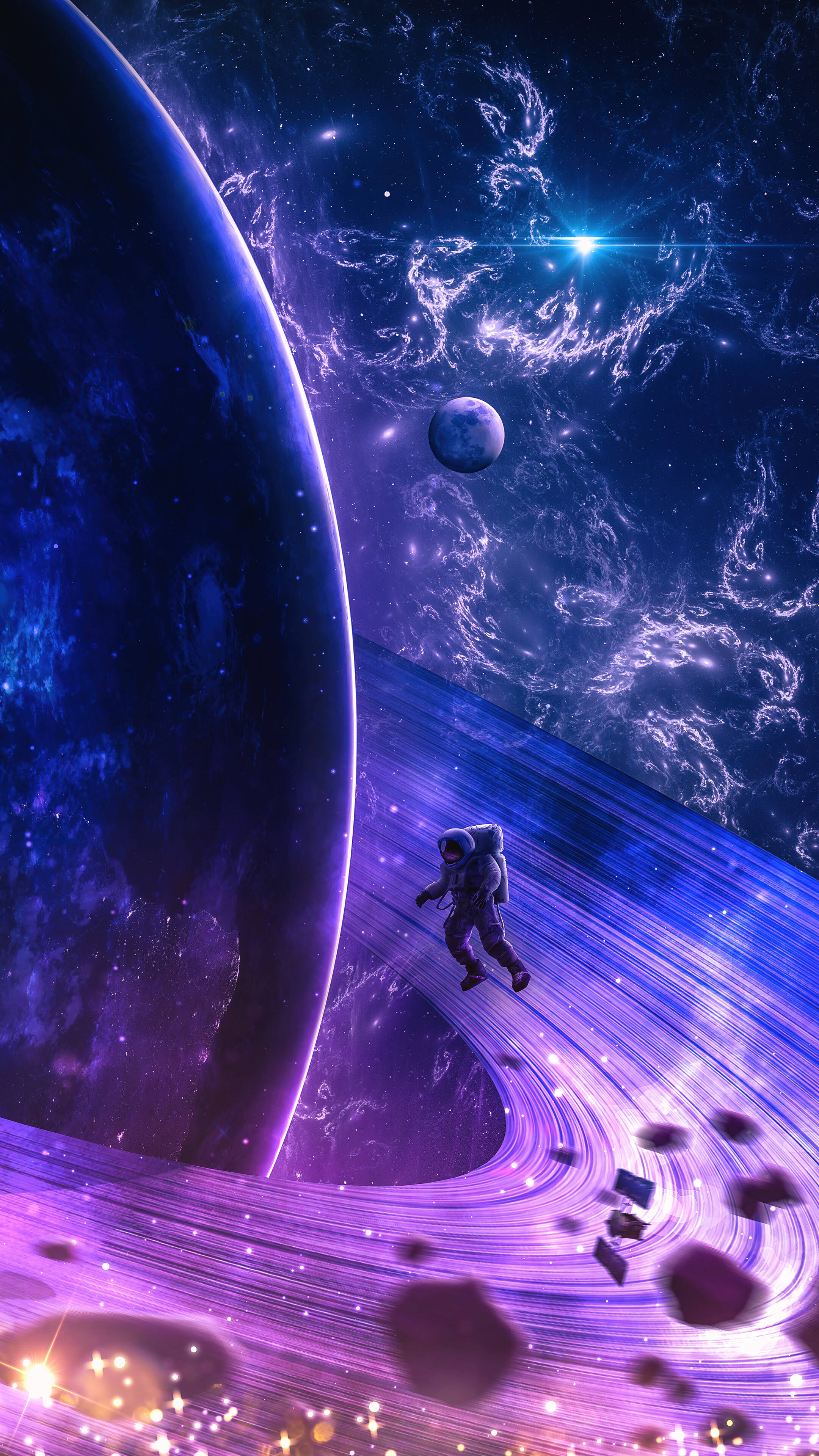 Mobile Saturn 4K, glowing purple cosmic ring, giant blue planet, 4K Phone Wallpaper