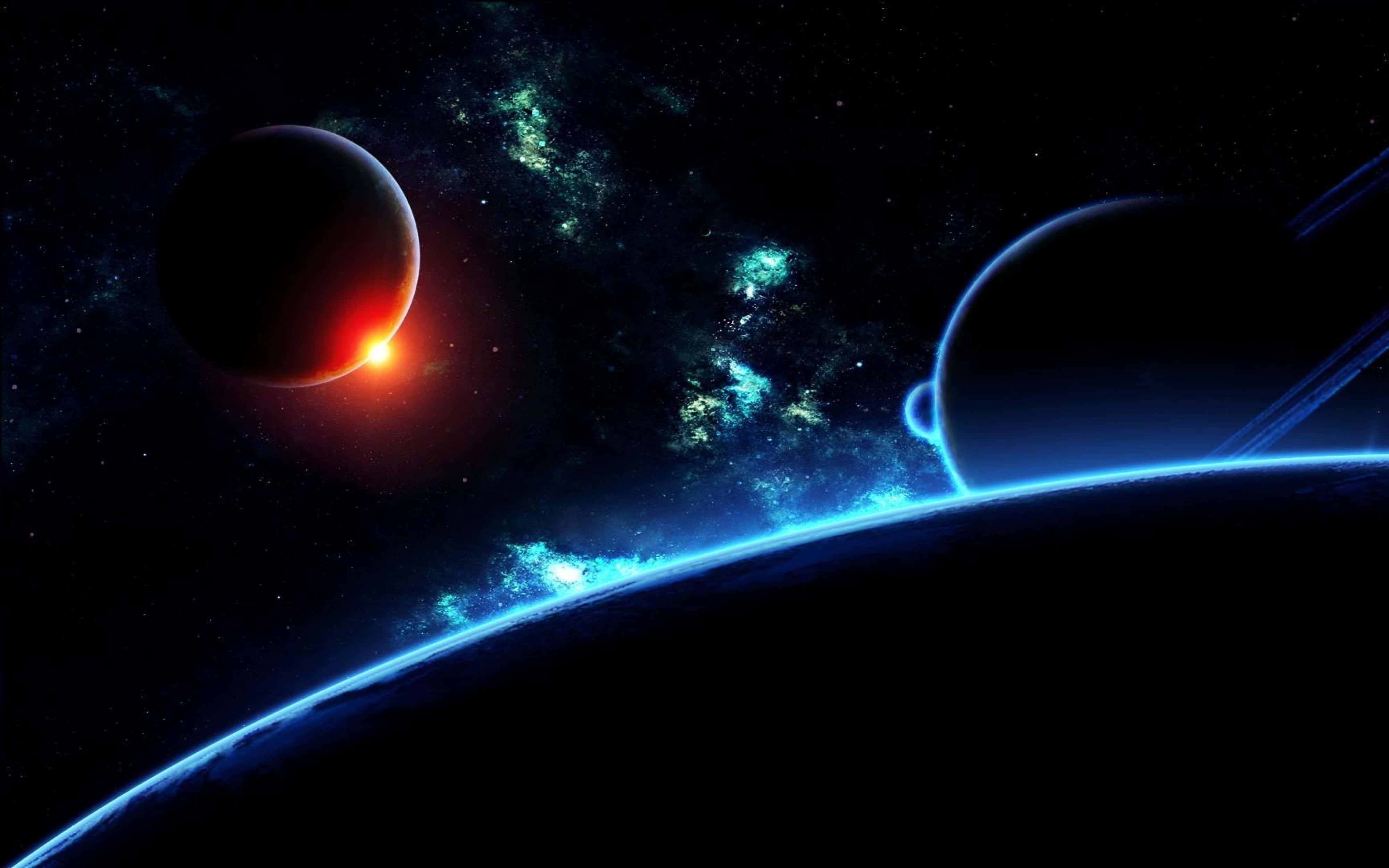 glowing red planet, blue-hued planet with rings, starry nebula, 4K Desktop Wallpaper
