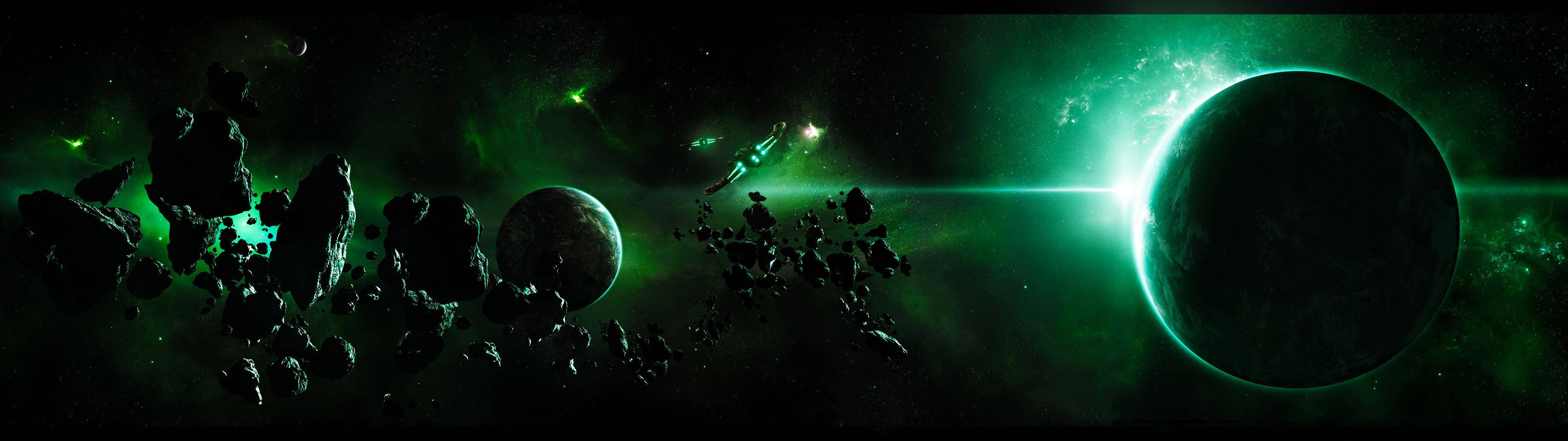 3 Monitor Green Planets, glowing green asteroids, massive planet, 4K Desktop Wallpaper