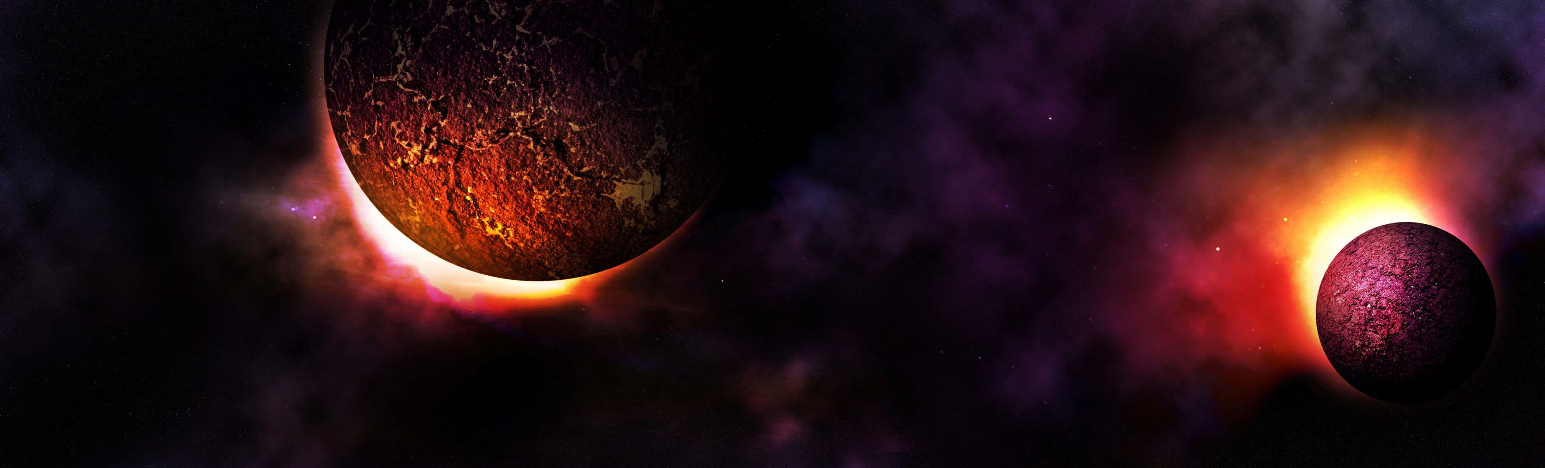 two planets, fiery atmospheres, swirling cosmic clouds, 5K Desktop Wallpaper