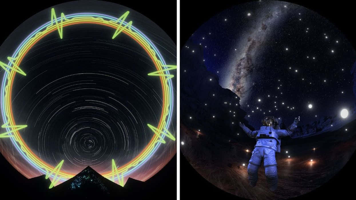 Planetarium, neon circle, star trails, SD Desktop Wallpaper