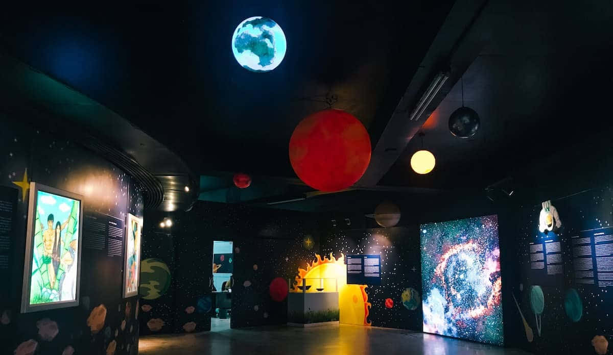 Planetarium, glowing planets, cosmic murals, SD Desktop Wallpaper