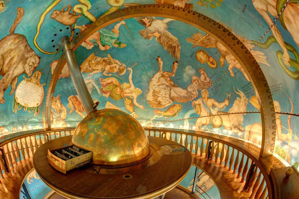 Planetarium, golden celestial globe, wooden stand, SD Desktop Wallpaper