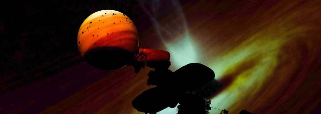 Planetarium, spacecraft, vibrant orange planet, SD Desktop Wallpaper