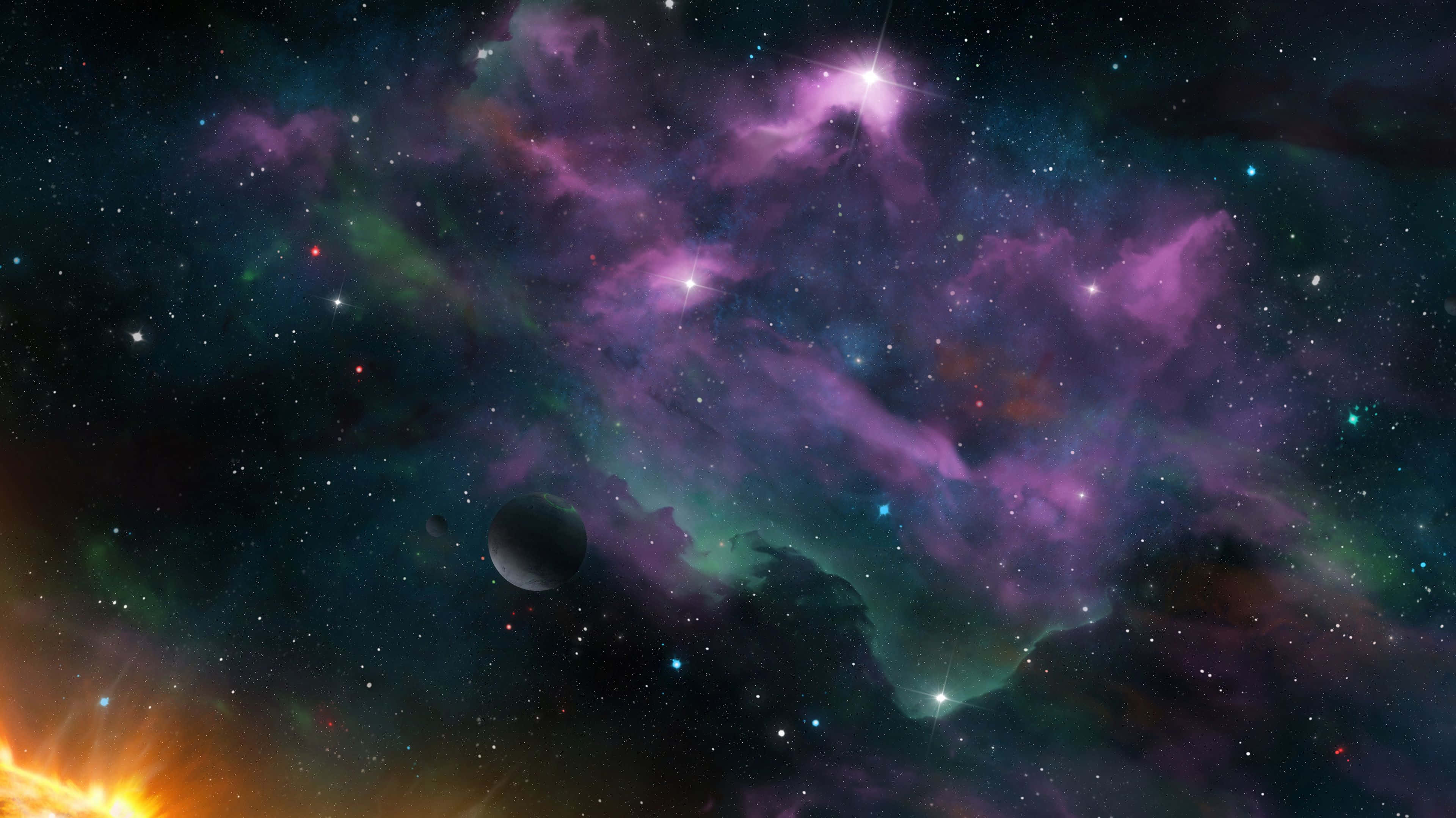 Planetary Nebula, purple green clouds, glowing stars, 4K Desktop Wallpaper