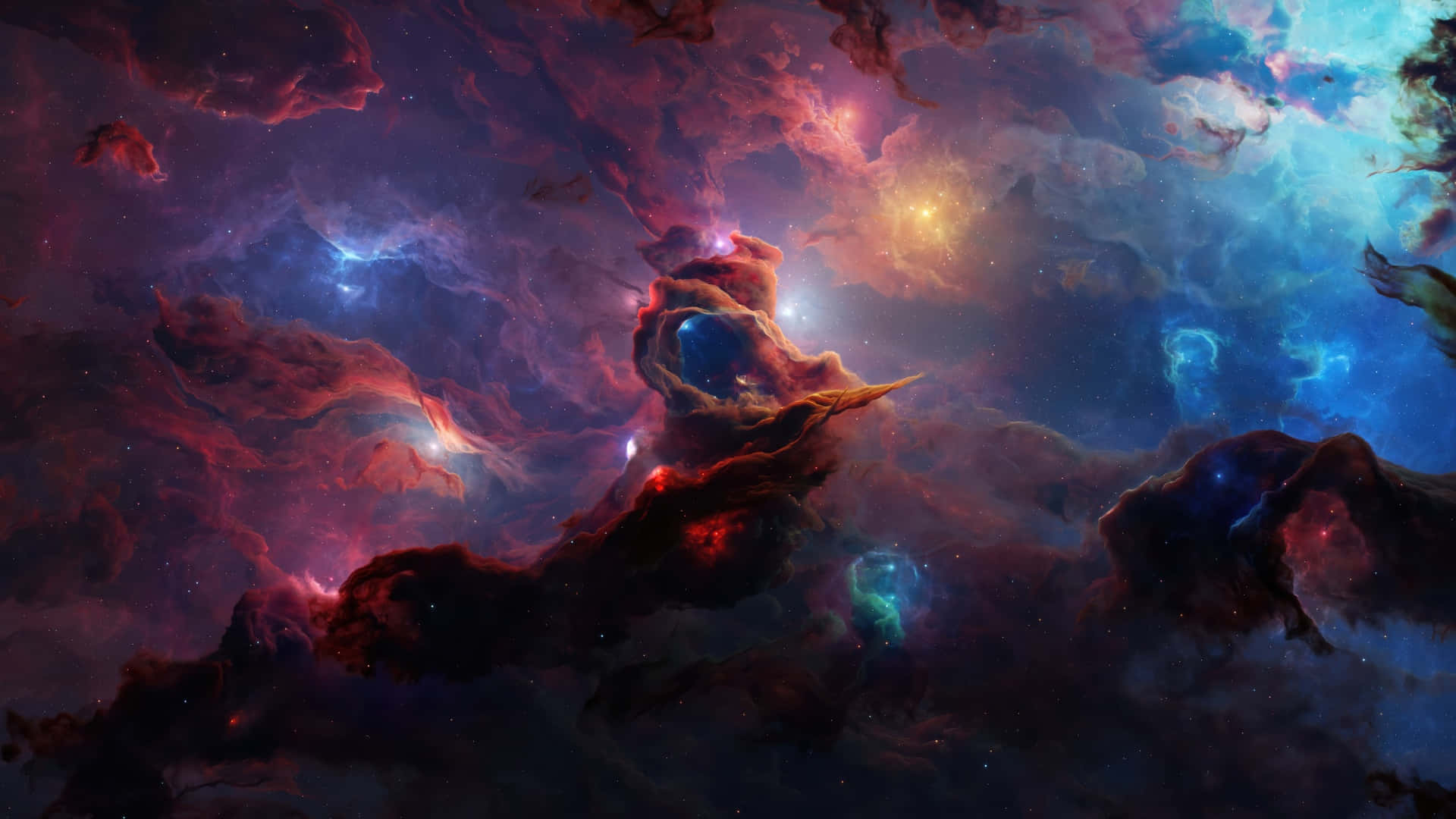 cosmic nebula, swirling reds purples and blues, glowing stars, Full HD Desktop Wallpaper