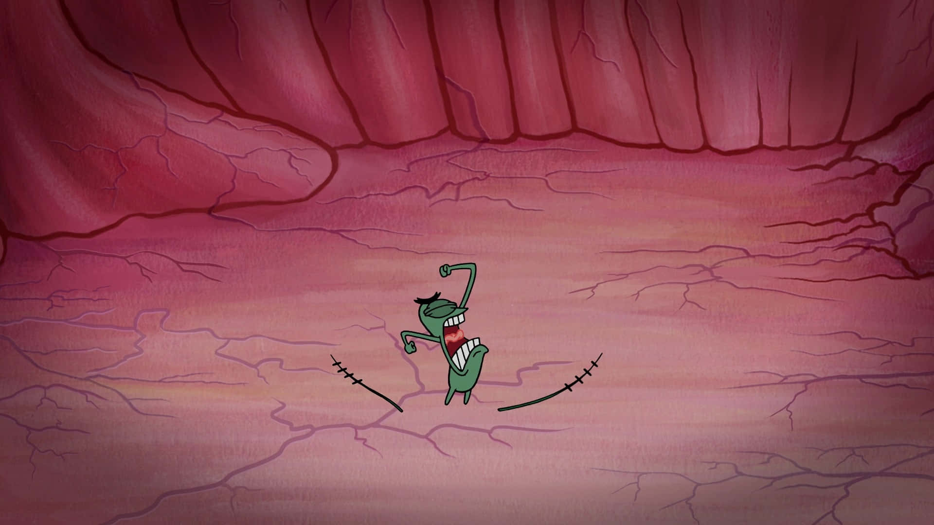 plankton, green cartoon character, vast pink cavern, Full HD Desktop Wallpaper