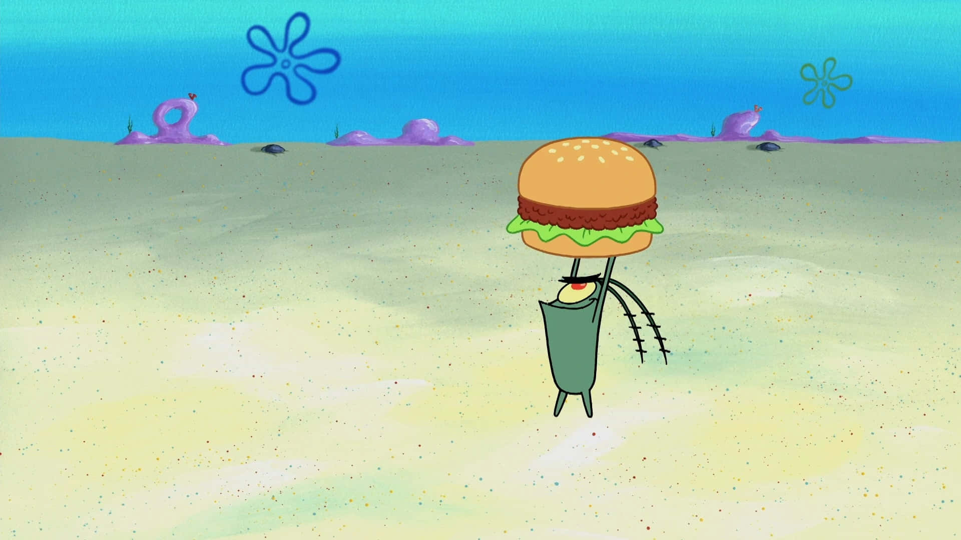 plankton, giant hamburger head, sandy ocean floor, Full HD Desktop Wallpaper