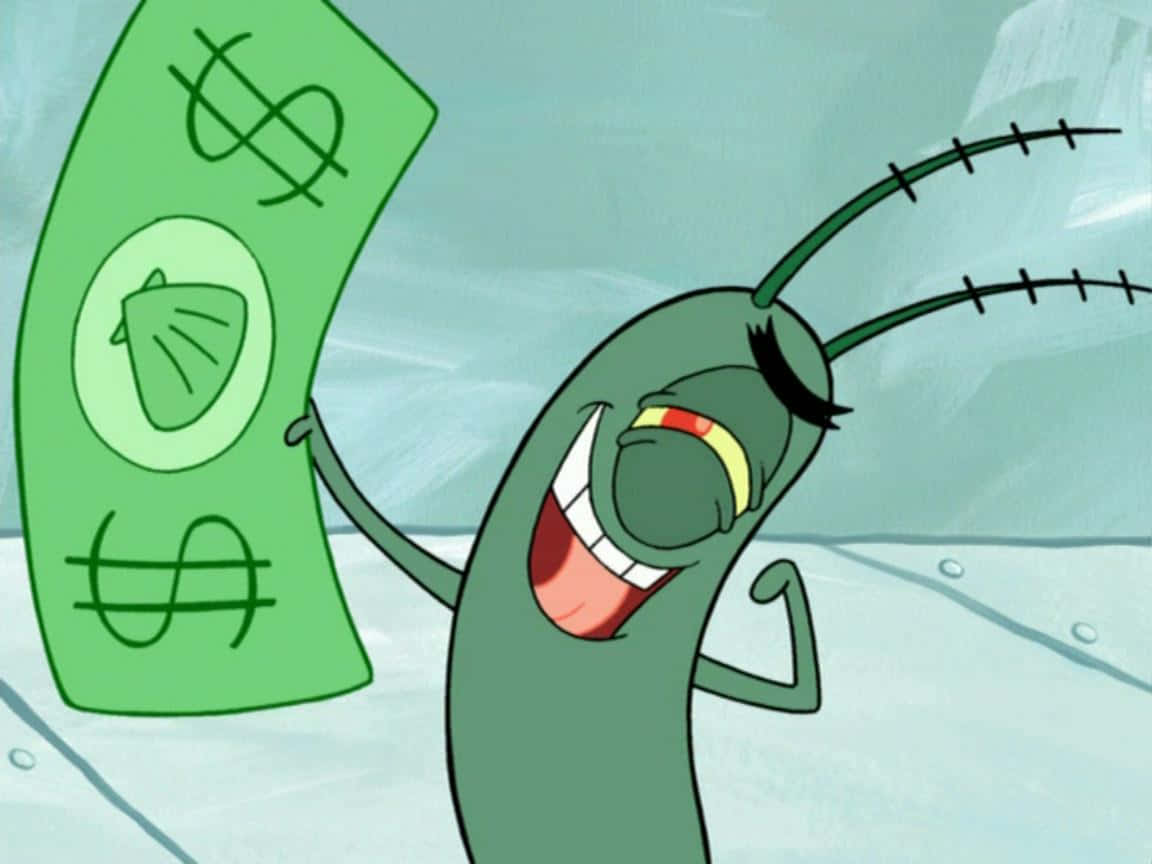 Plankton, green cartoon sea creature, giant dollar bill, SD Desktop Wallpaper