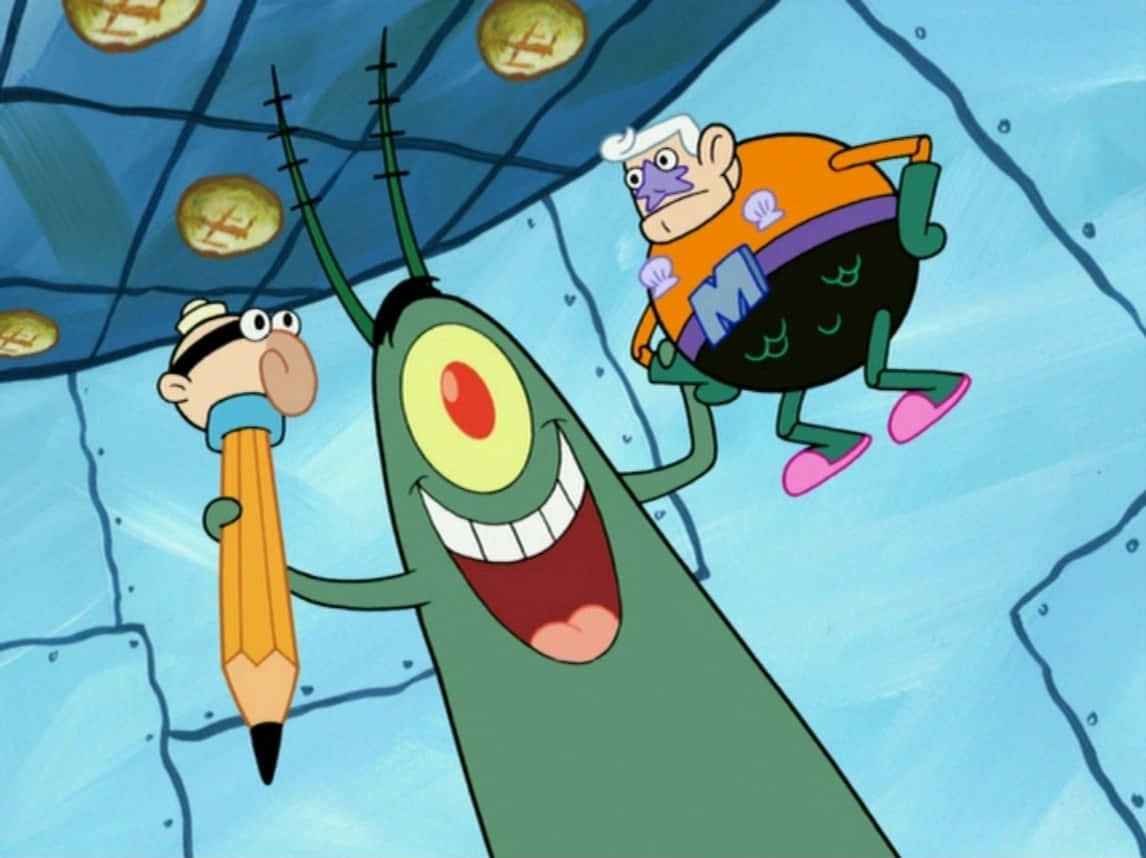 plankton, cartoon green one-eyed monster, pencil, SD Desktop Wallpaper