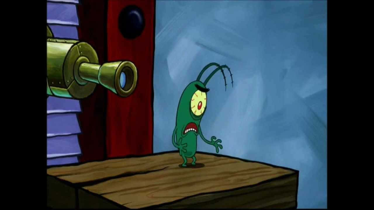 Plankton, green one-eyed cartoon character, wooden platform, HD Desktop Wallpaper