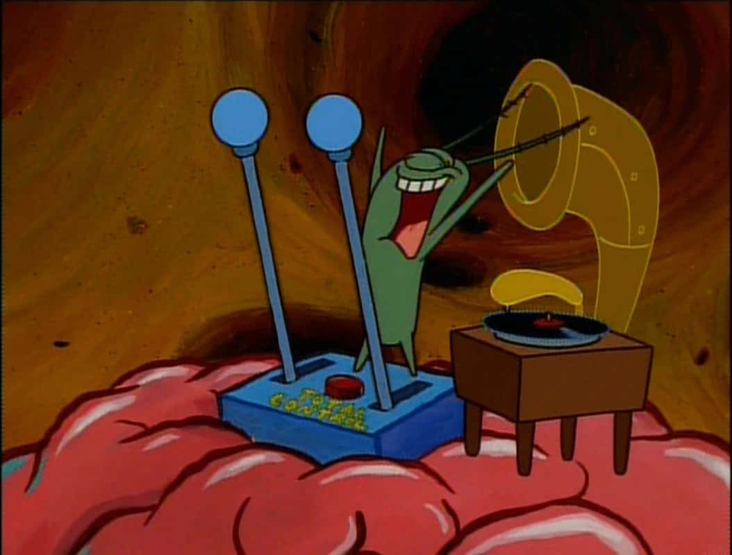 Plankton, green cartoon character, red brain-like surface, SD Desktop Wallpaper
