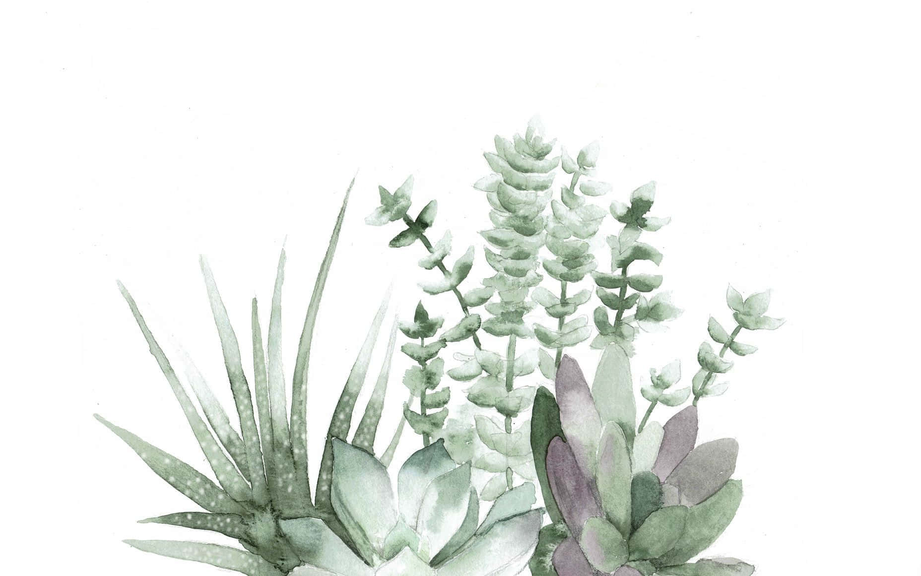 succulents, watercolor, soft greens, HD Desktop Wallpaper