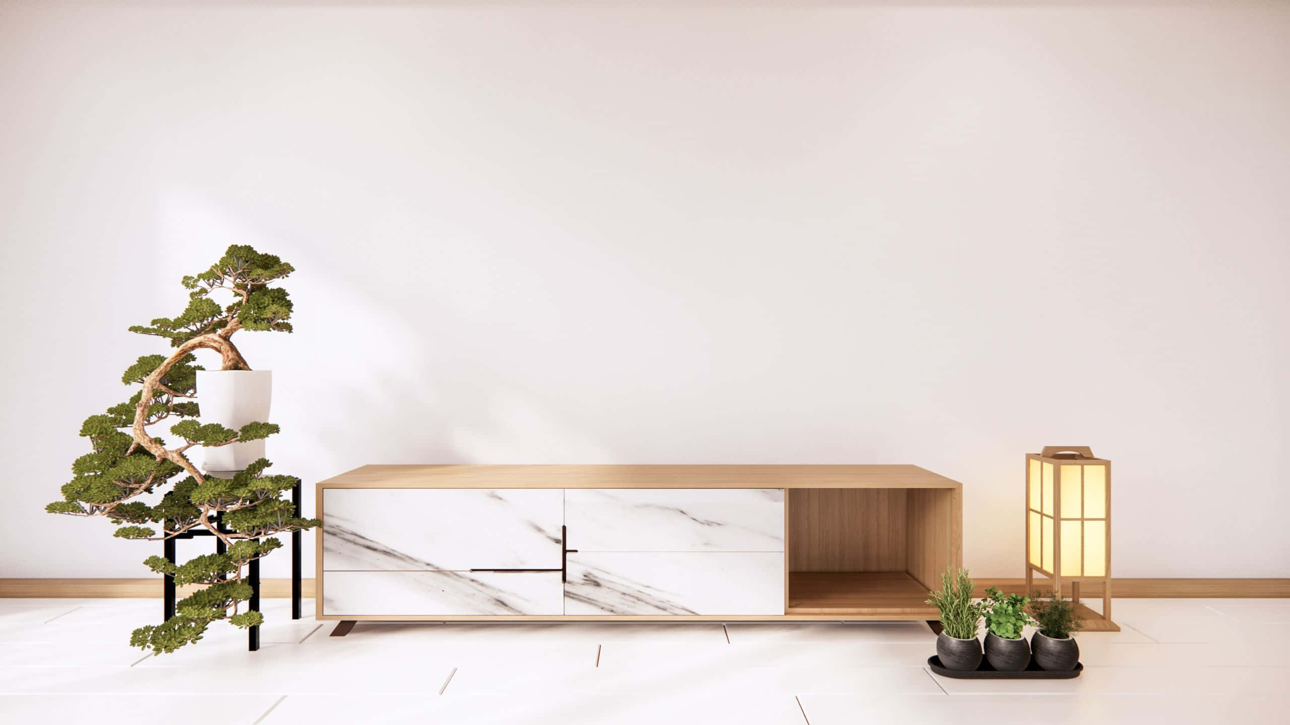 minimalist modern living room, wooden console, marble accents, 2K Desktop Wallpaper