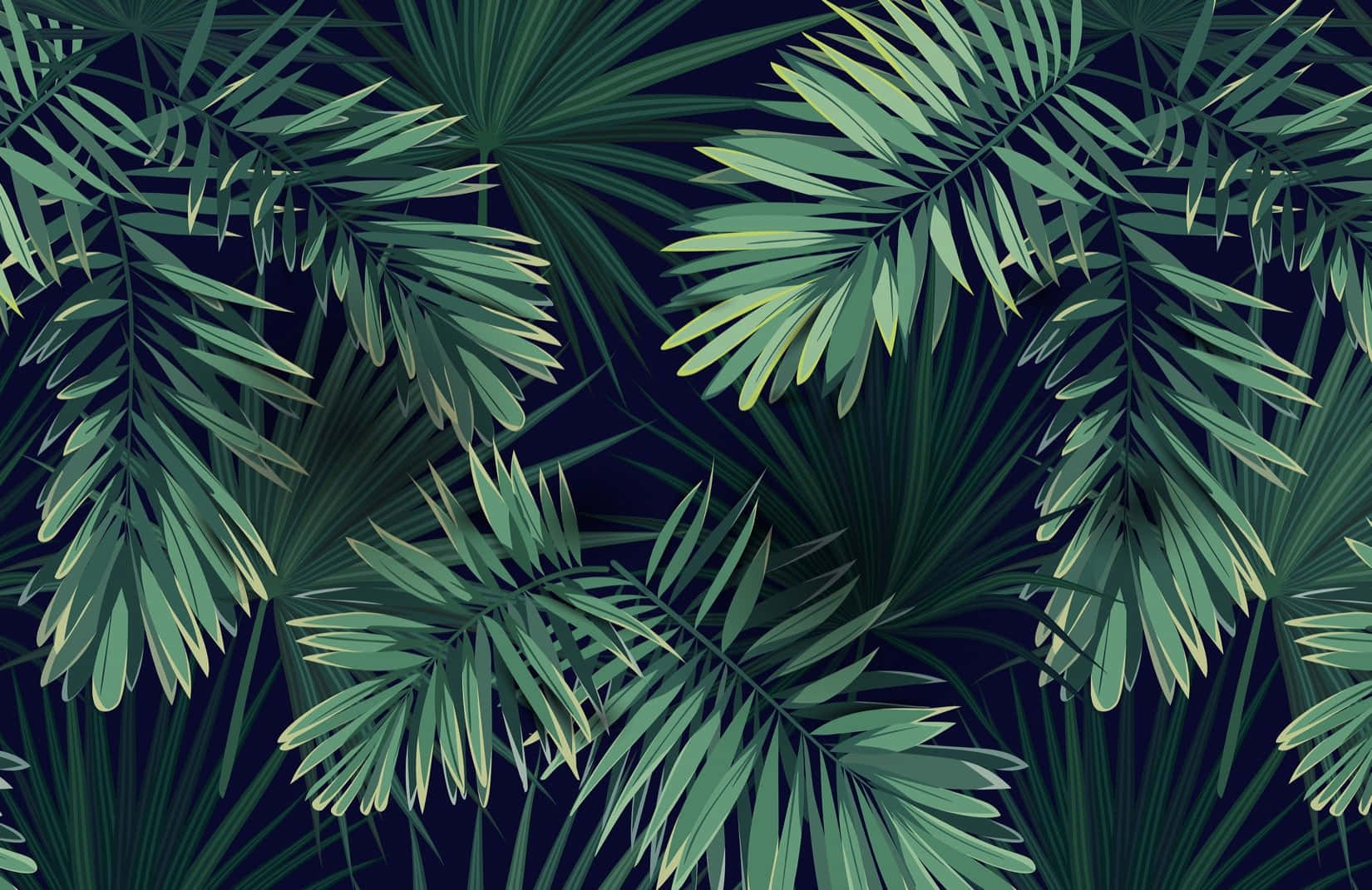 palm fronds, deep navy background, lush tropical pattern, HD Desktop Wallpaper