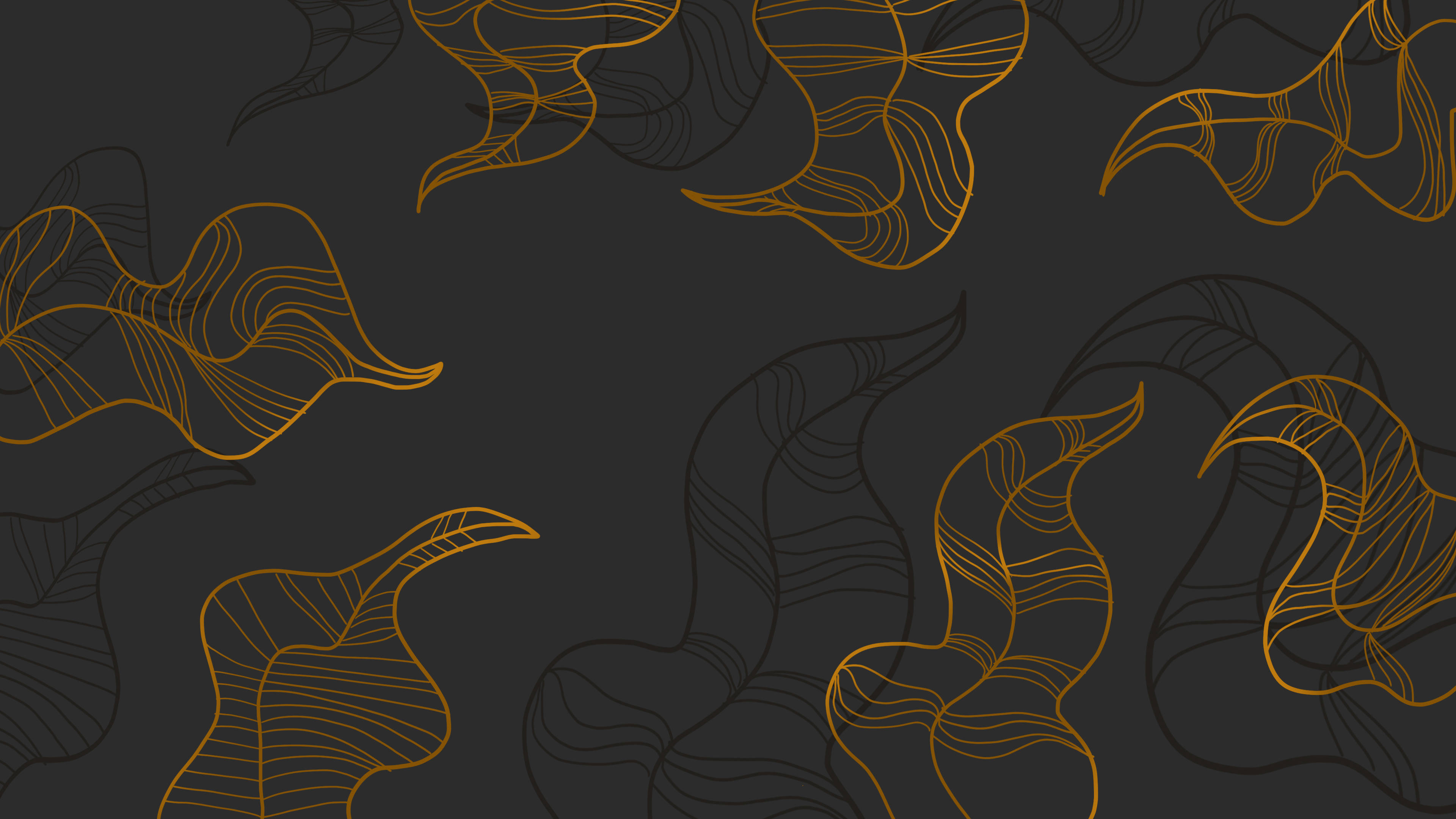 dark minimalist plant pattern, golden leaf outlines, dark charcoal background, 4K Desktop Wallpaper