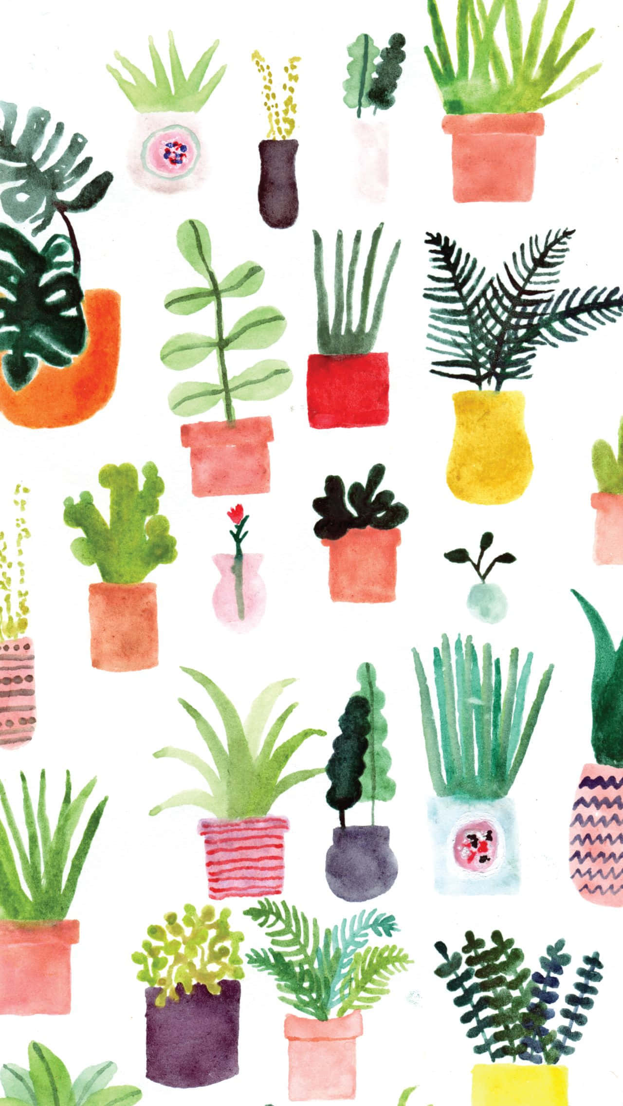 Plant Aesthetic Phone, watercolor illustration, potted plants, Full HD Phone Wallpaper