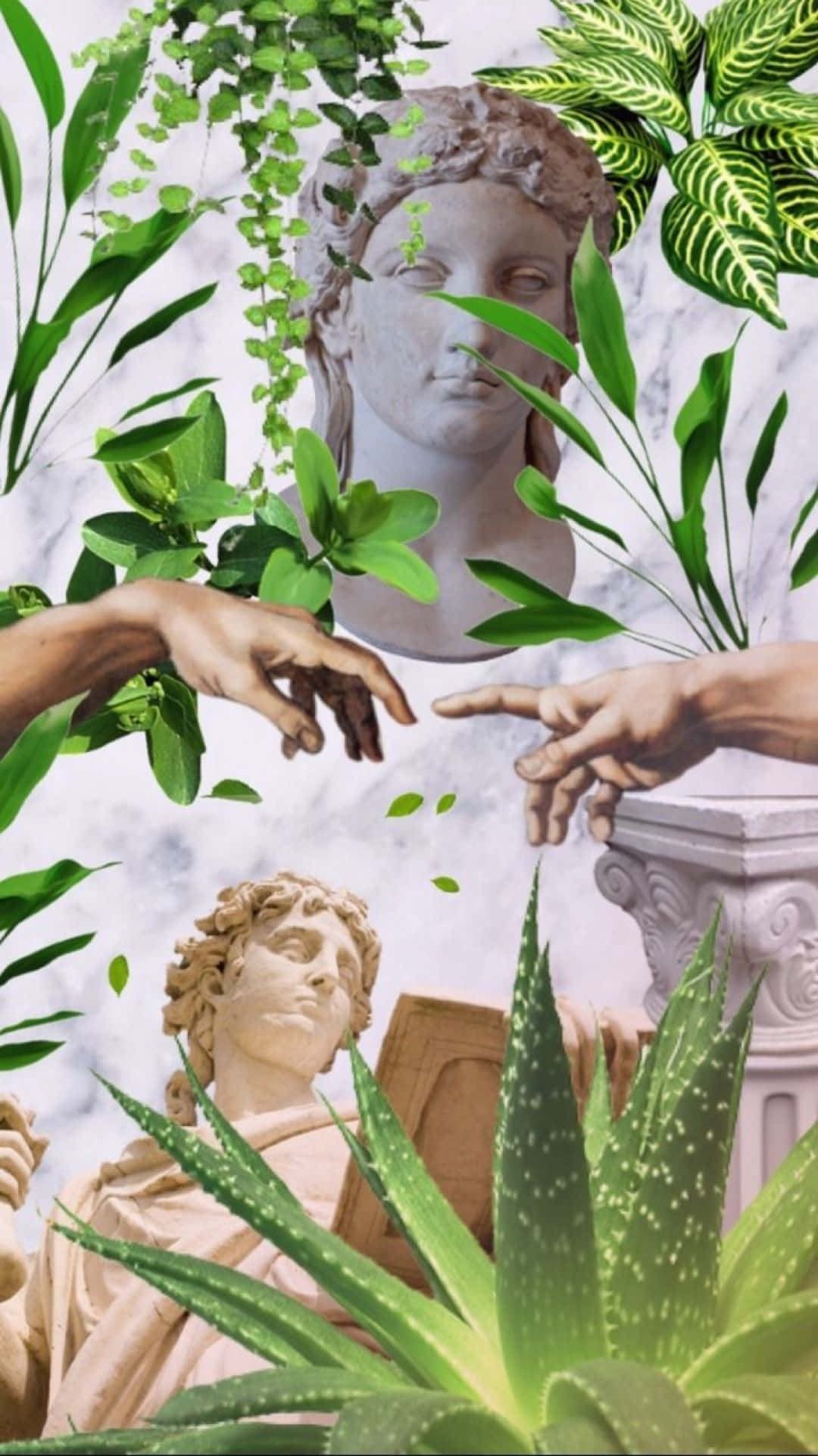 Plant Aesthetic Phone, classical marble statues, lush green foliage, Full HD Phone Wallpaper