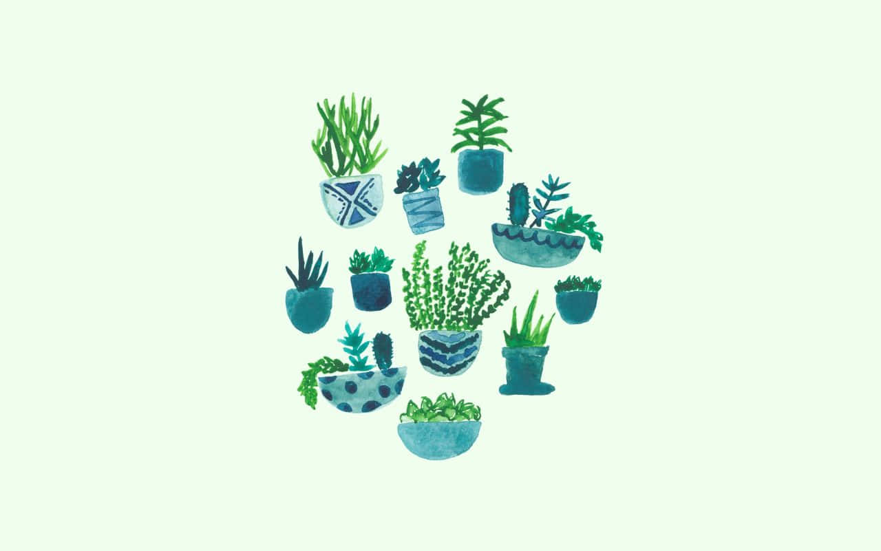 teal pots, pale mint background, illustrated potted plants, HD Desktop Wallpaper