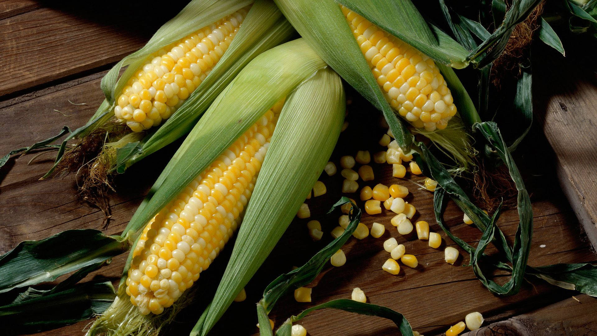 corn on the cob, golden kernels, rustic wooden surface, Full HD Desktop Wallpaper