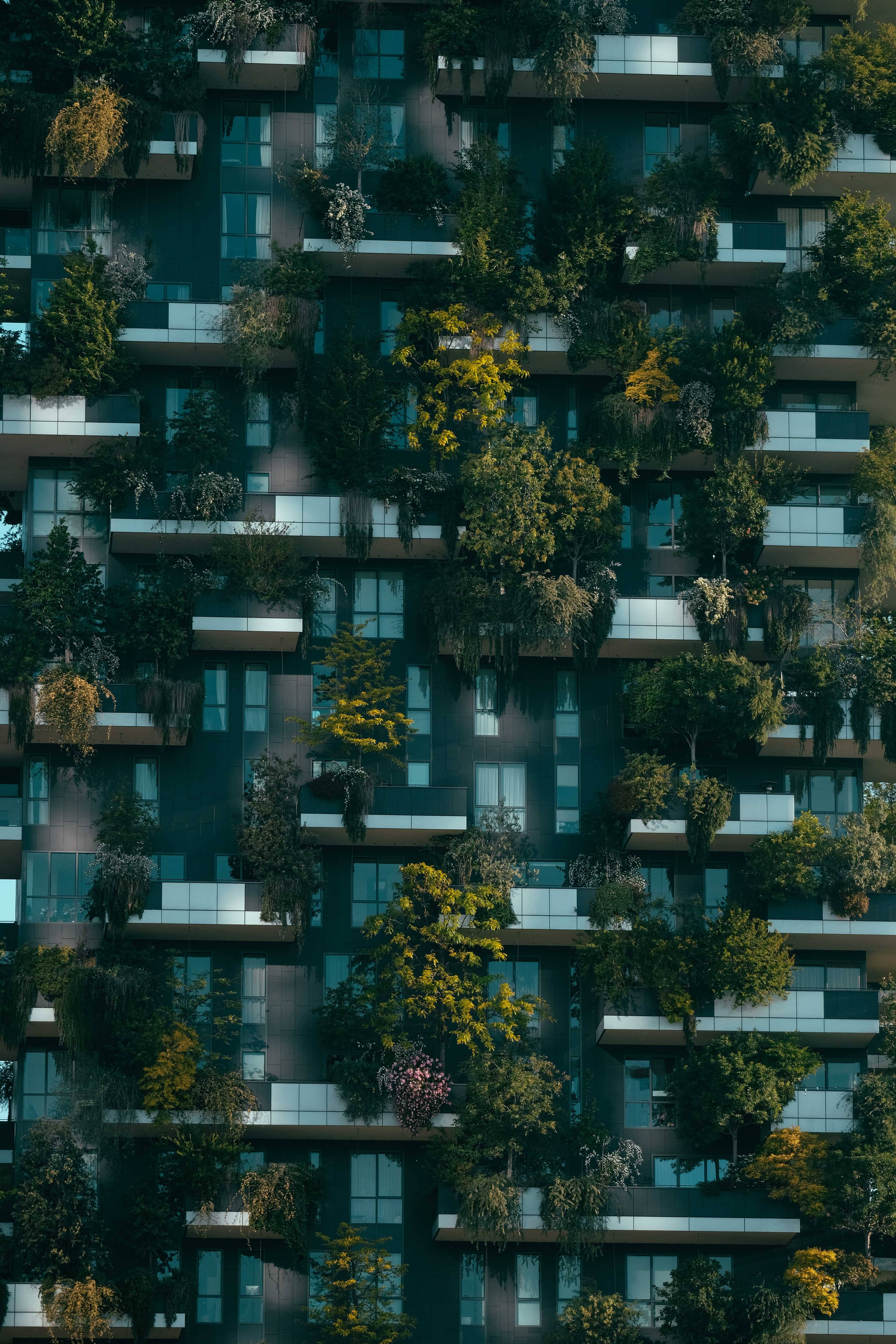 modern high-rise building, lush greenery, trees, 5K Phone Wallpaper