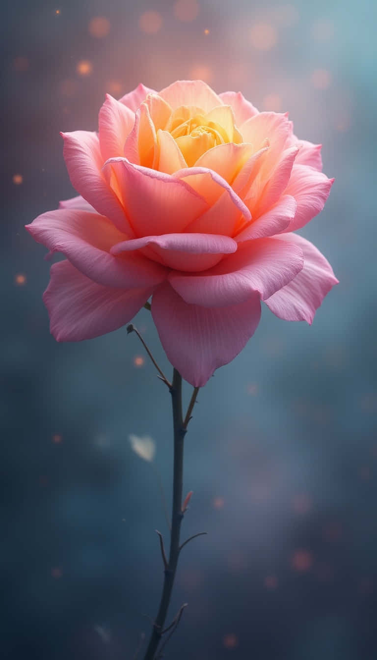 peach rose, golden center, dreamy blue background, HD Phone Wallpaper