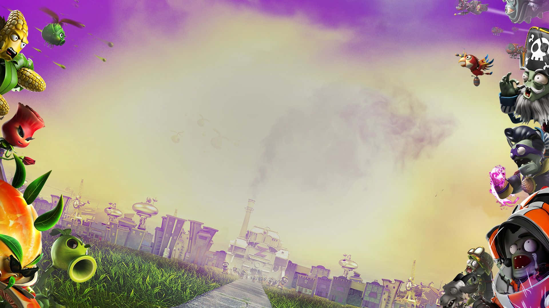 Plants Vs Zombies, surreal purple and yellow sky, futuristic cityscape, Full HD Desktop Wallpaper