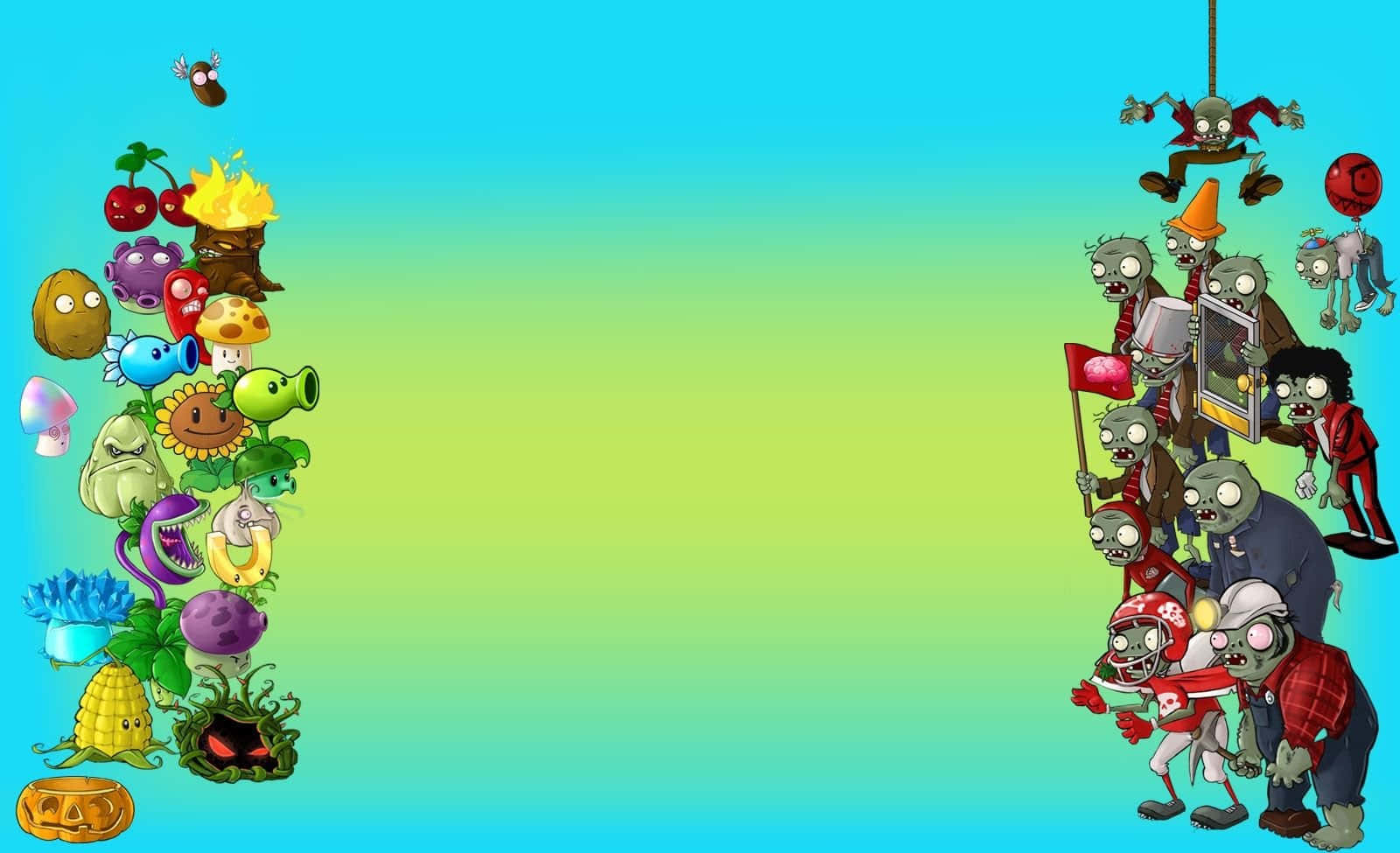 Plants Vs Zombies, gradient teal yellow background, cartoon plants, HD Desktop Wallpaper