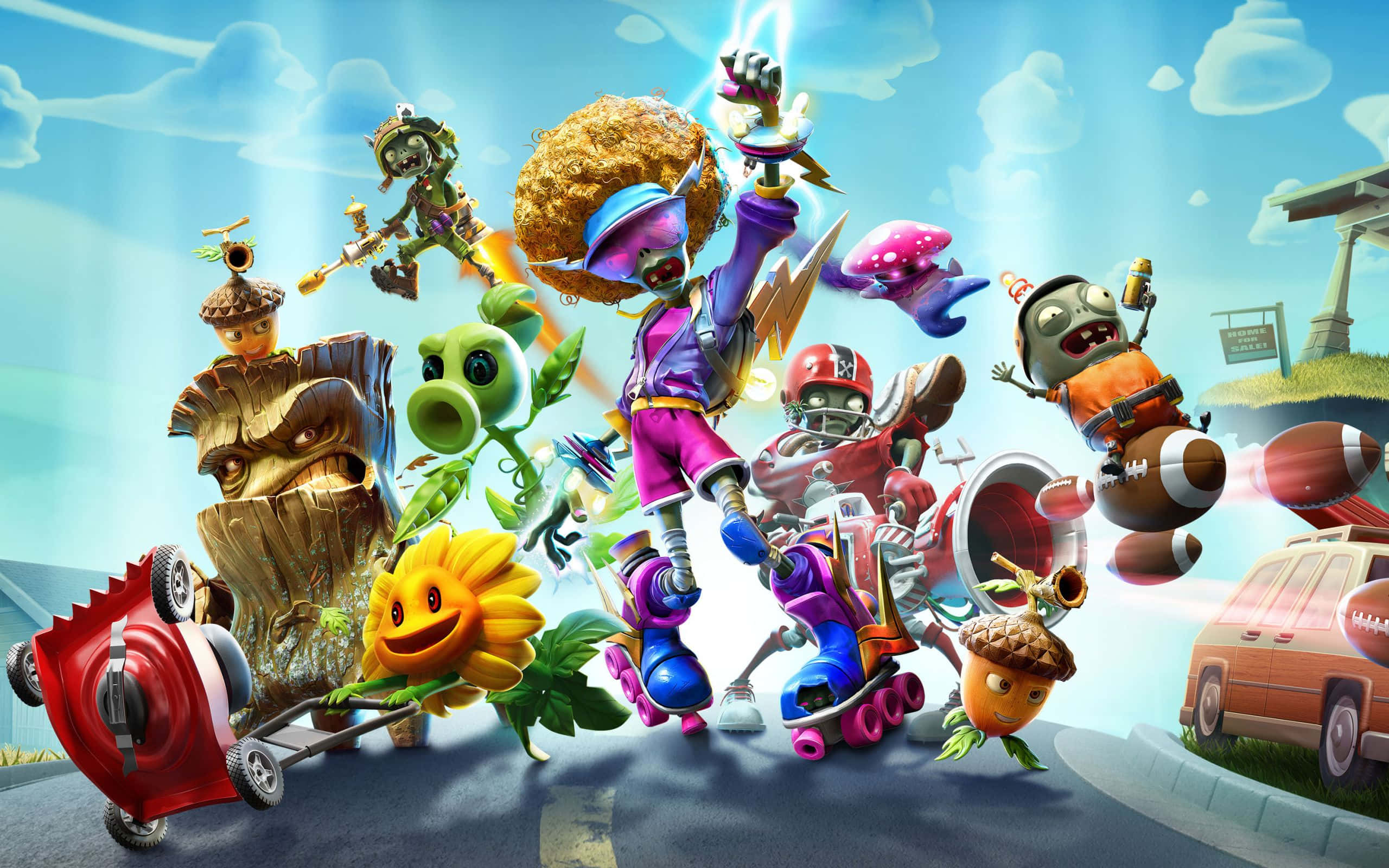 Plants vs Zombies, suburban street, bright blue sky, 2K Desktop Wallpaper
