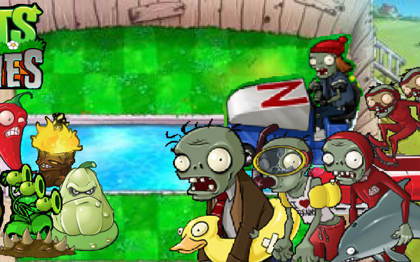 Plants Vs Zombies, backyard lawn, swimming pool, HD Desktop Wallpaper