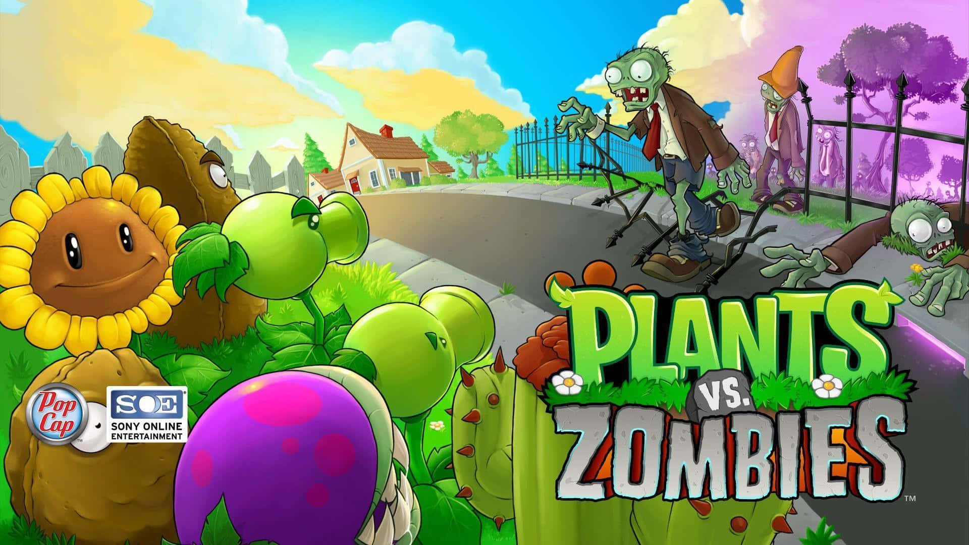 Plants Vs Zombies, suburban lawn, sunny sky, Full HD Desktop Wallpaper
