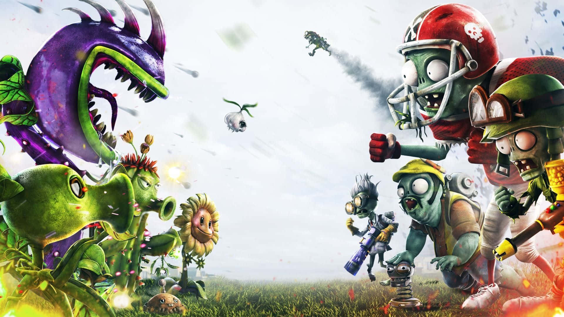 Plants Vs Zombies, giant purple carnivorous plant, football zombie leader, Full HD Desktop Wallpaper