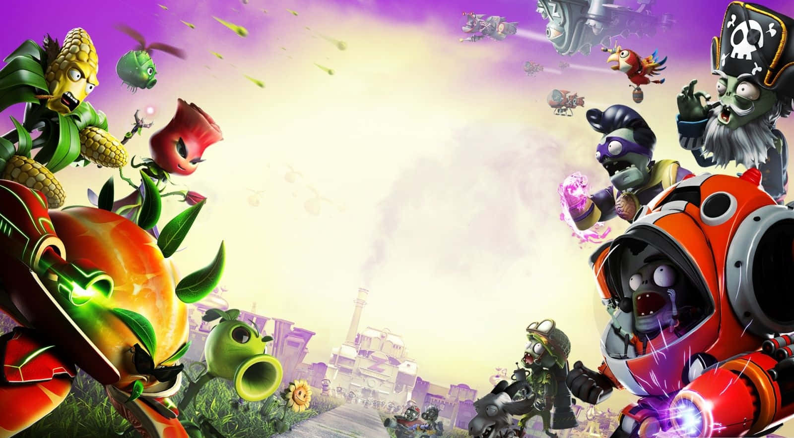 Plants Vs Zombies, purple sky, factory background, HD Desktop Wallpaper