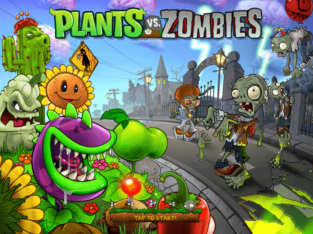 Plants Vs Zombies, suburban street, bright blue sky, SD Desktop Wallpaper