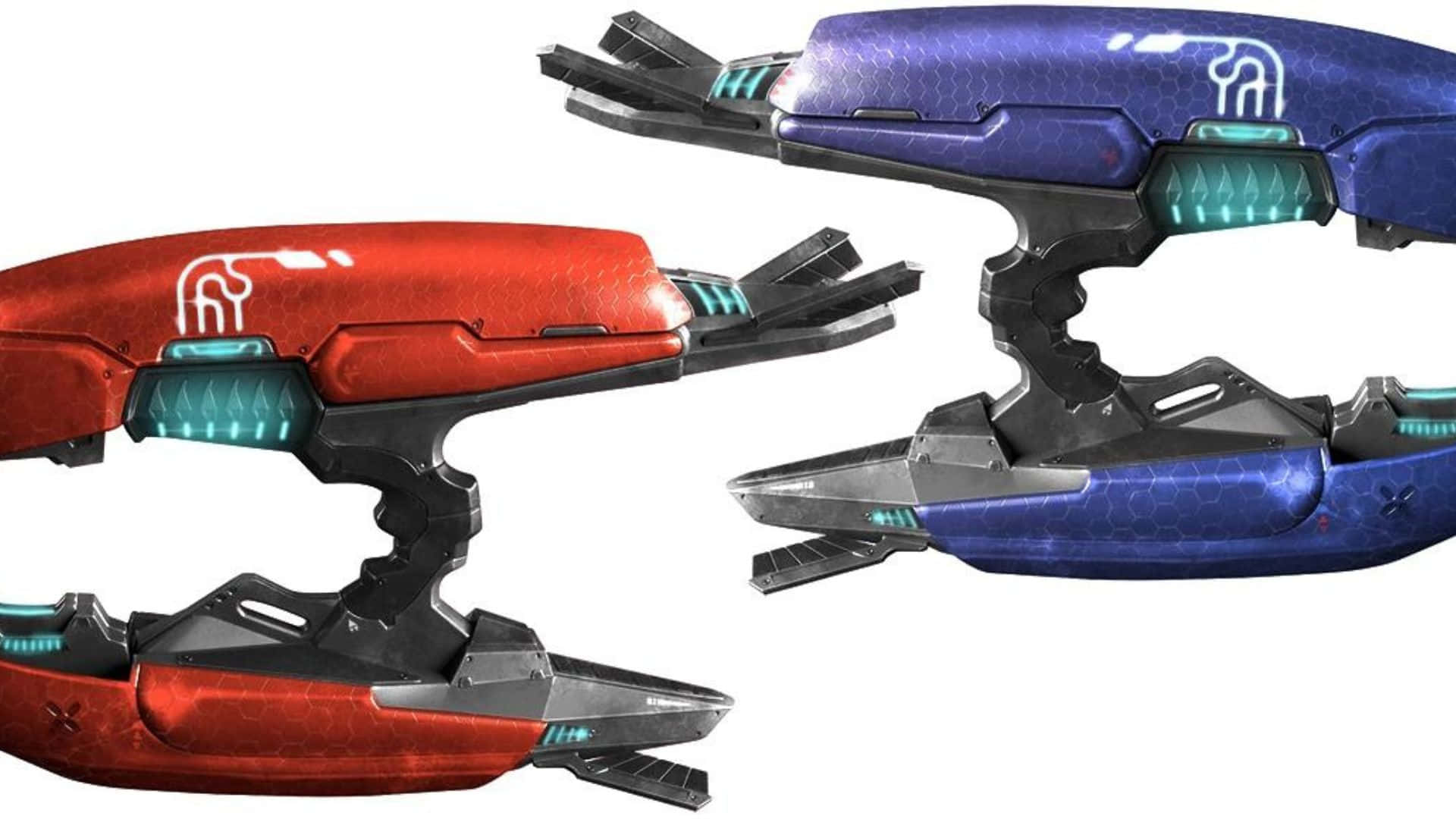 Plasma Rifle, red and blue hexagonal textures, glowing teal accents, Full HD Desktop Wallpaper