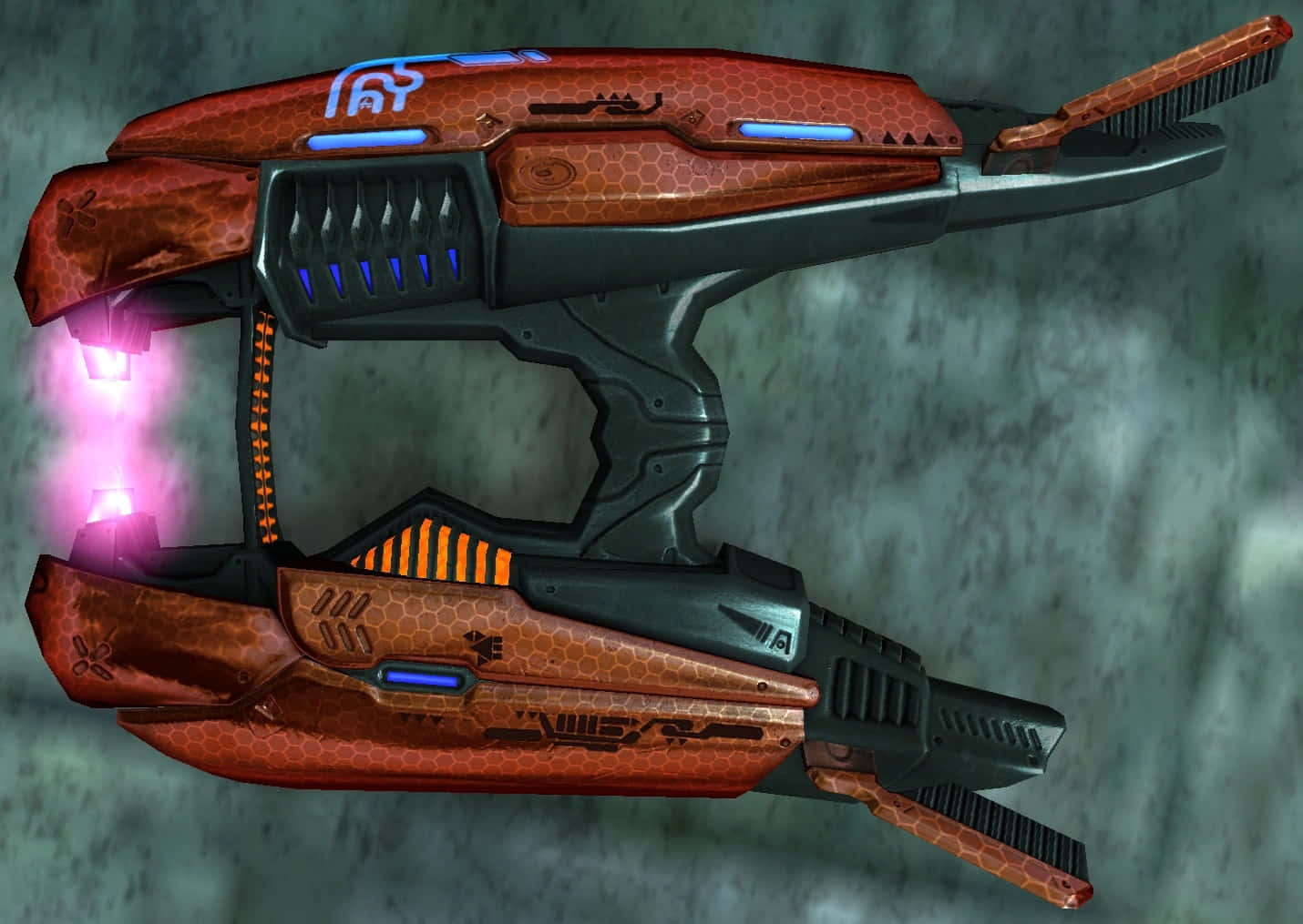 plasma rifle, orange and black, glowing blue and pink accents, HD Desktop Wallpaper