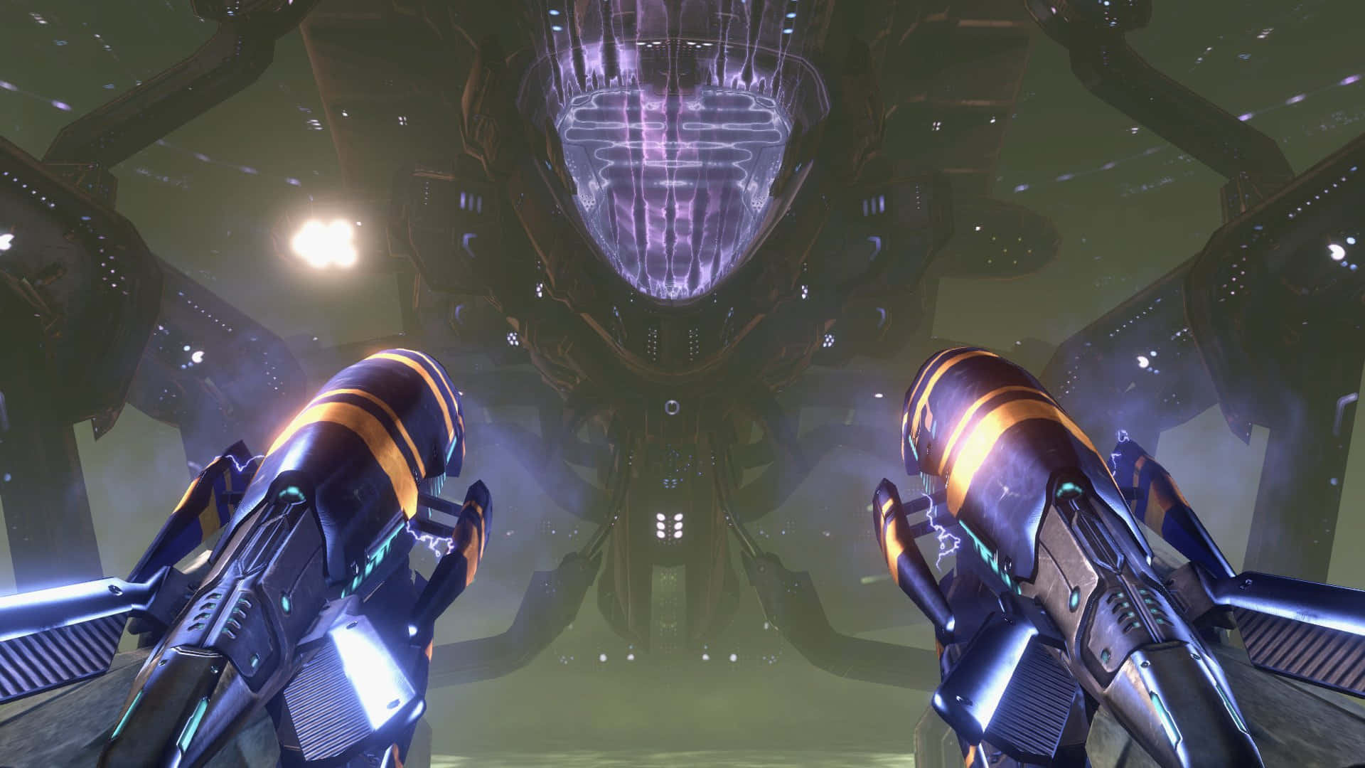 Plasma Rifle, futuristic weapons, glowing alien spaceship, Full HD Desktop Wallpaper