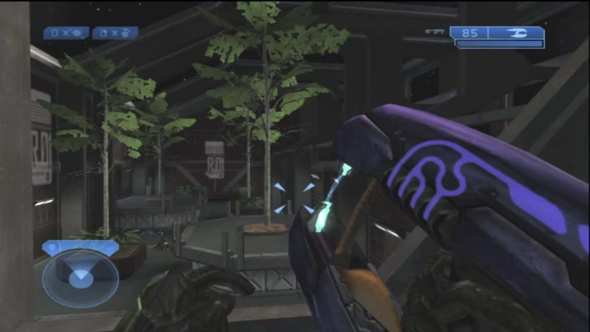 Plasma Rifle, futuristic purple energy weapon, dimly lit indoor garden, Full HD Desktop Wallpaper