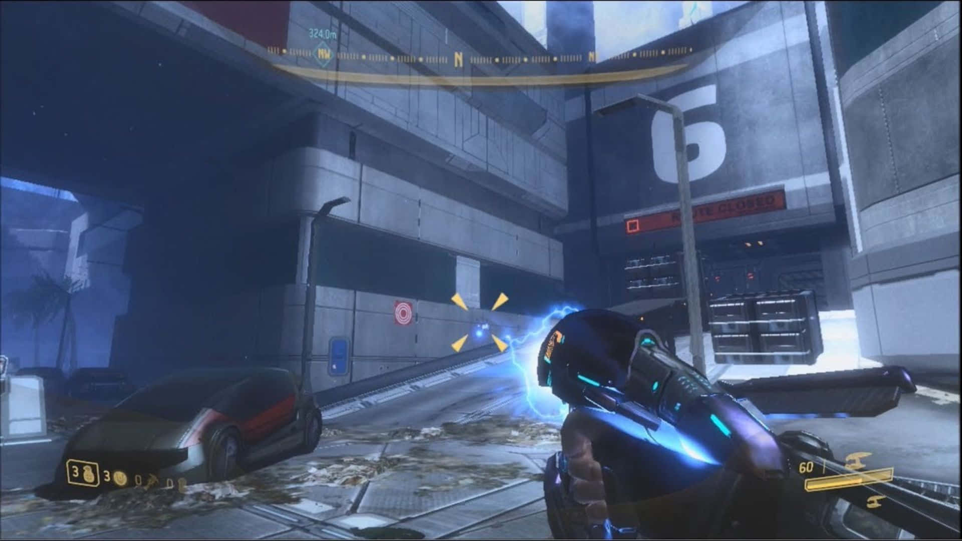 plasma rifle, glowing blue, dark futuristic urban alley, Full HD Desktop Wallpaper