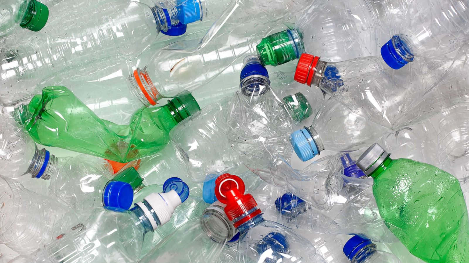 plastic bottles, colorful caps, crushed plastic, HD Desktop Wallpaper