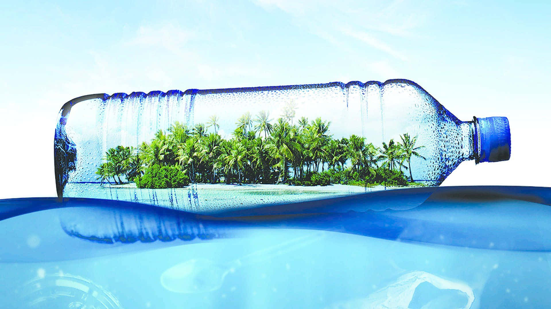 plastic bottle, tropical island scene, clear body, Full HD Desktop Wallpaper
