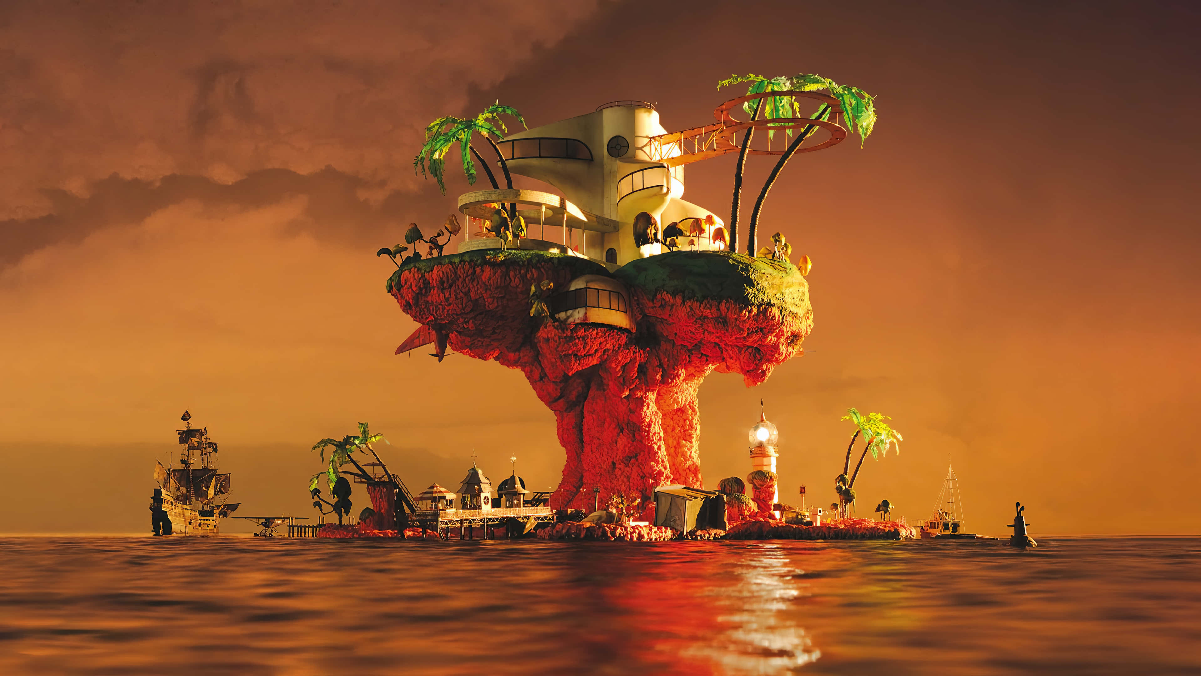 Plastic Miniature Island, futuristic villa, palm trees, 4K Desktop Wallpaper